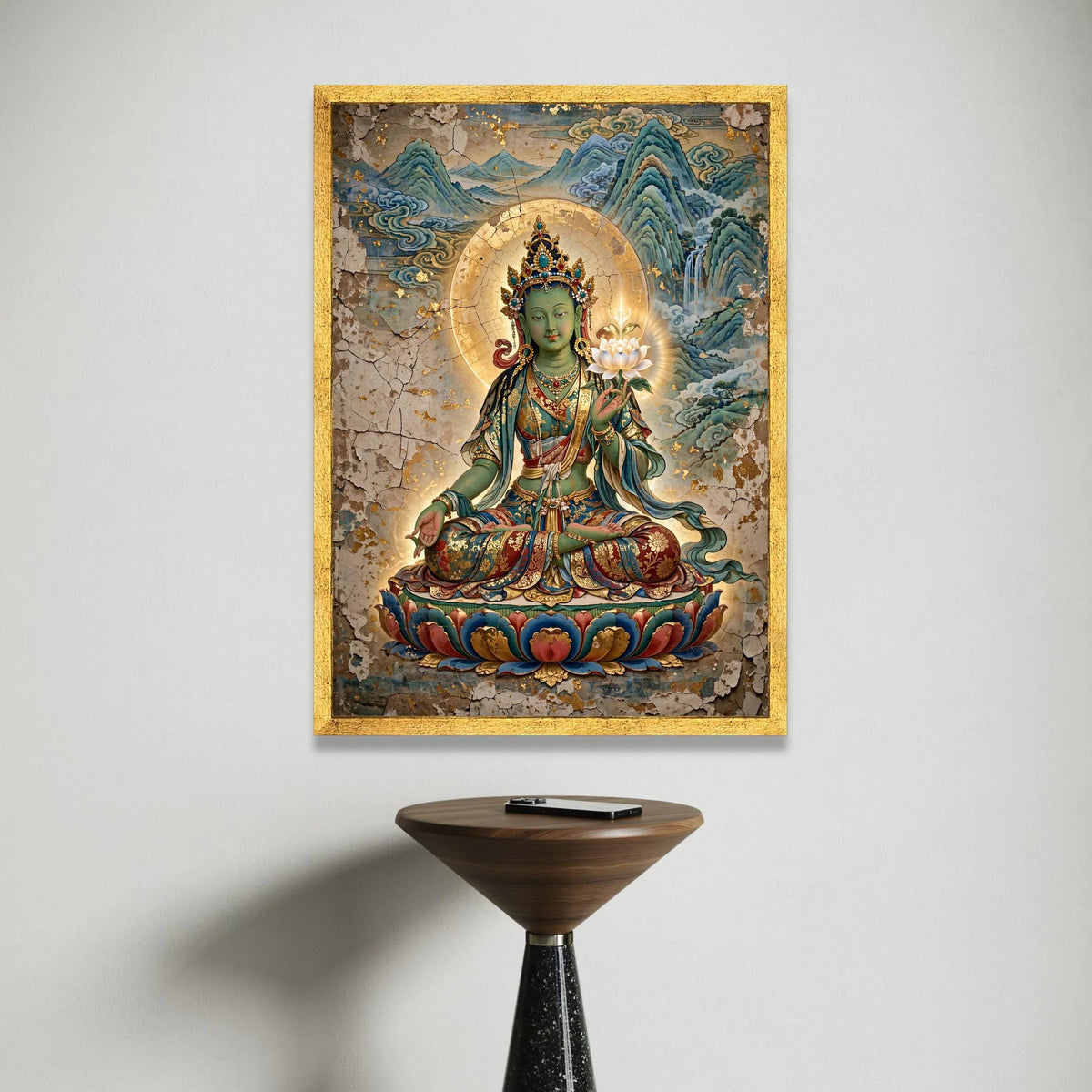 Green Tara Buddha Canvas, Tibetan Buddhist Art, Spiritual Meditation Wall Art, Sacred Lotus Flower Canvas, Zen Home Canvas Print Art