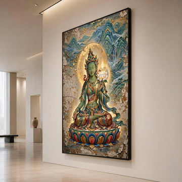 Green Tara Buddha Canvas, Tibetan Buddhist Art, Spiritual Meditation Wall Art, Sacred Lotus Flower Canvas, Zen Home Canvas Print Art