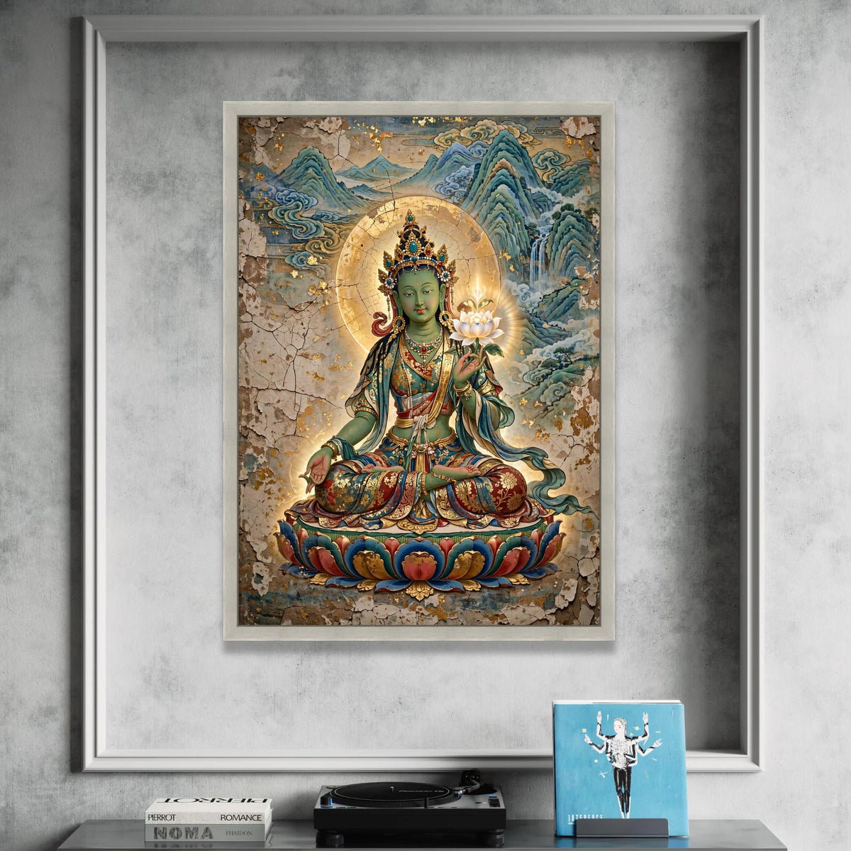 Green Tara Buddha Canvas, Tibetan Buddhist Art, Spiritual Meditation Wall Art, Sacred Lotus Flower Canvas, Zen Home Canvas Print Art