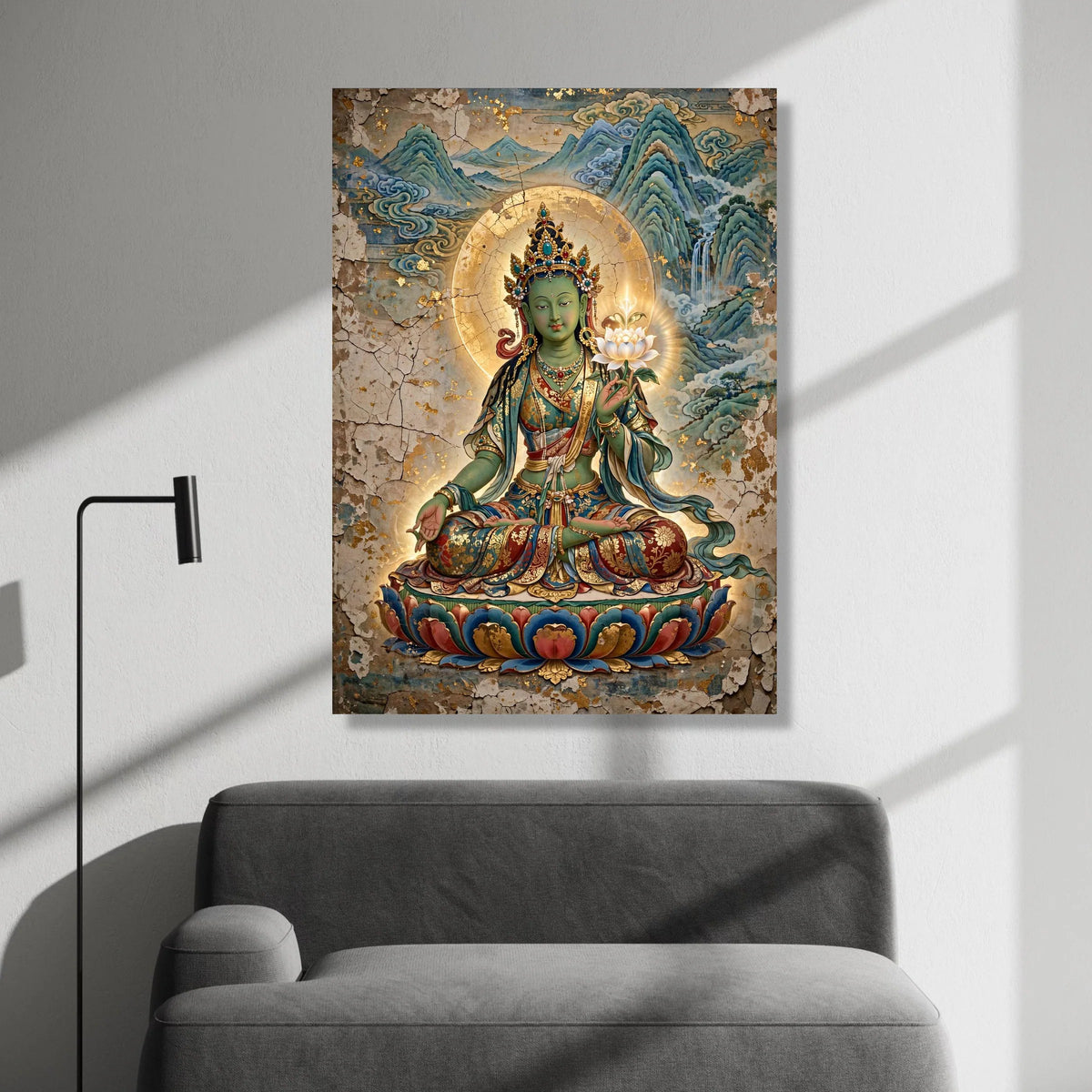 Green Tara Buddha Canvas, Tibetan Buddhist Art, Spiritual Meditation Wall Art, Sacred Lotus Flower Canvas, Zen Home Canvas Print Art