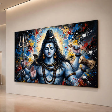 Meditative Shiva Canvas Wall Art, Hindu God Painting, Vibrant Spiritual Canvas, Blue Tone Wall Decoration, Trident and Canvas Print Art
