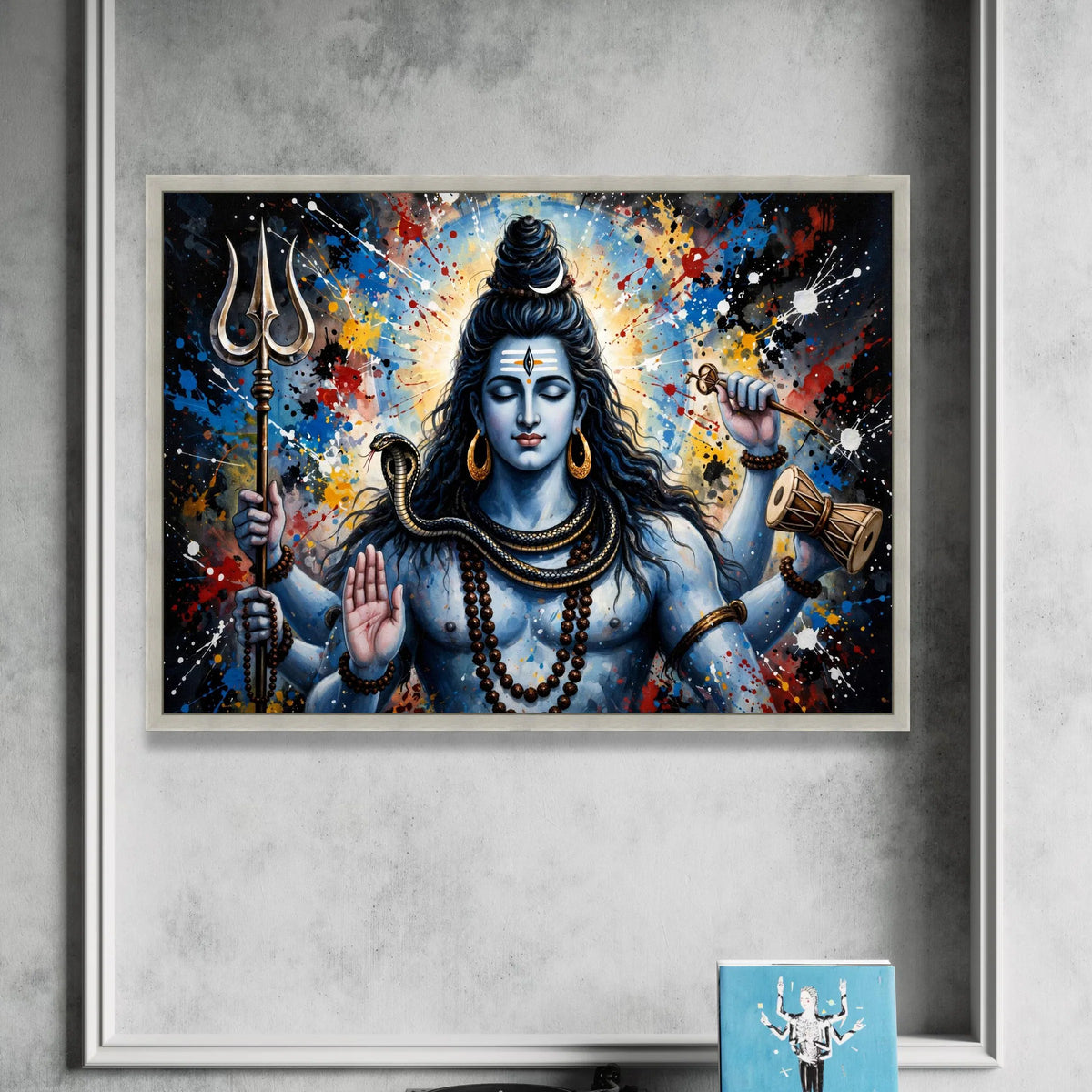 Meditative Shiva Canvas Wall Art, Hindu God Painting, Vibrant Spiritual Canvas, Blue Tone Wall Decoration, Trident and Canvas Print Art
