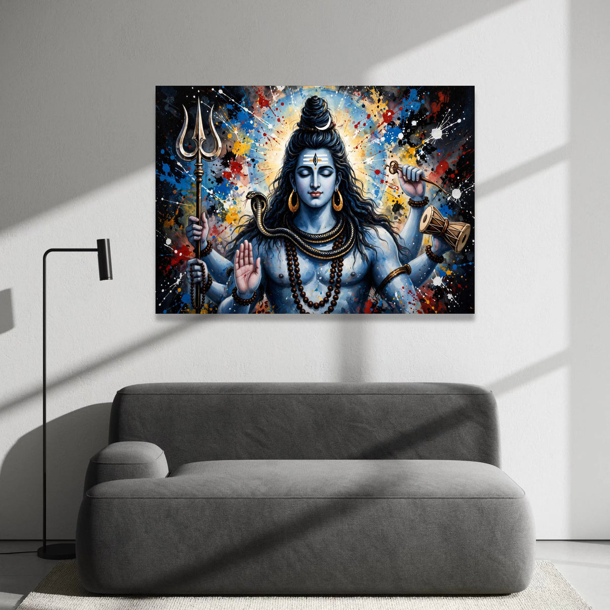 Meditative Shiva Canvas Wall Art, Hindu God Painting, Vibrant Spiritual Canvas, Blue Tone Wall Decoration, Trident and Canvas Print Art