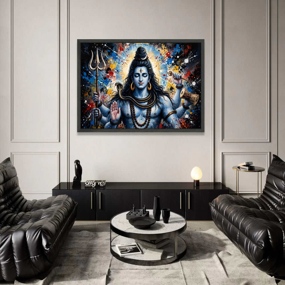 Meditative Shiva Canvas Wall Art, Hindu God Painting, Vibrant Spiritual Canvas, Blue Tone Wall Decoration, Trident and Canvas Print Art