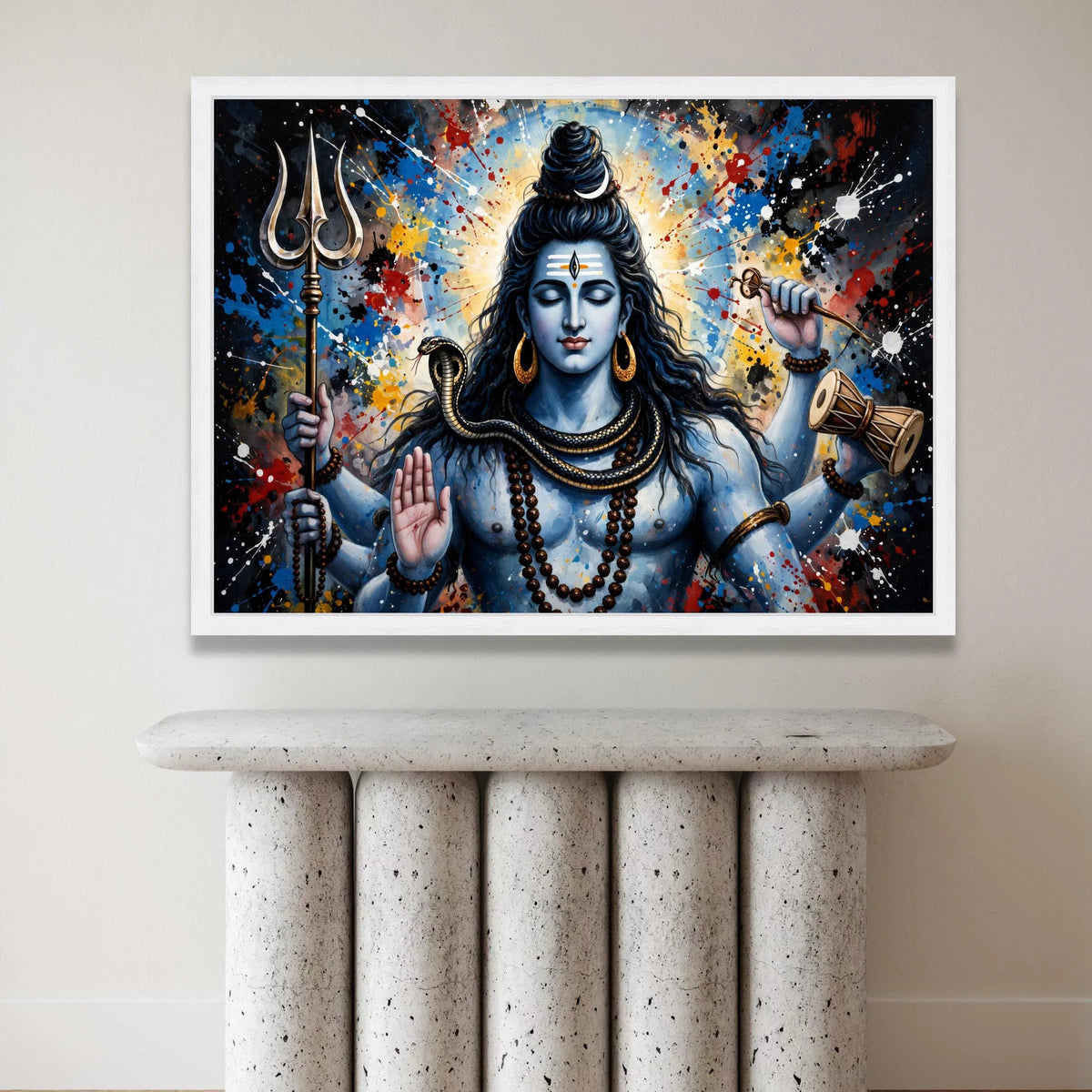 Meditative Shiva Canvas Wall Art, Hindu God Painting, Vibrant Spiritual Canvas, Blue Tone Wall Decoration, Trident and Canvas Print Art