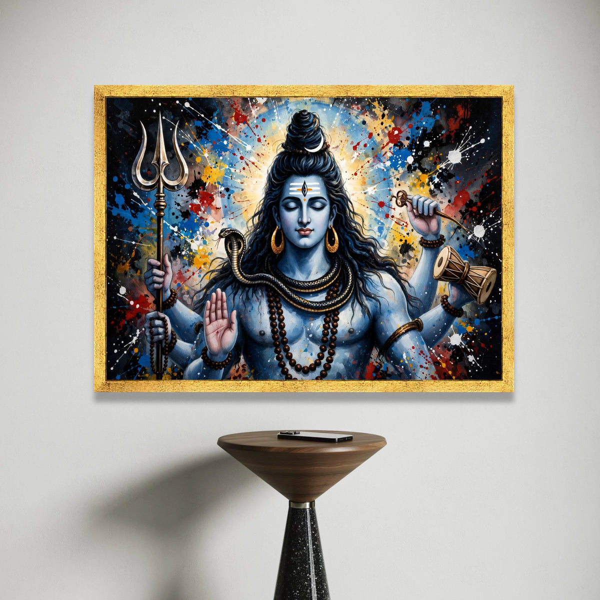 Meditative Shiva Canvas Wall Art, Hindu God Painting, Vibrant Spiritual Canvas, Blue Tone Wall Decoration, Trident and Canvas Print Art