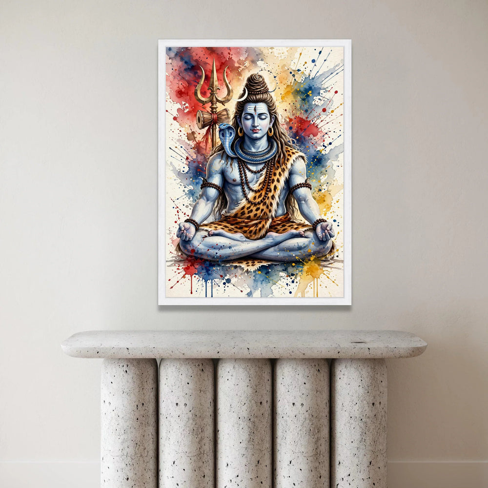 Meditative Shiva Canvas Art, Trident and Snake Spiritual Wall Decor, Indian Hindu God Painting, Colorful Abstract Canvas Print Art
