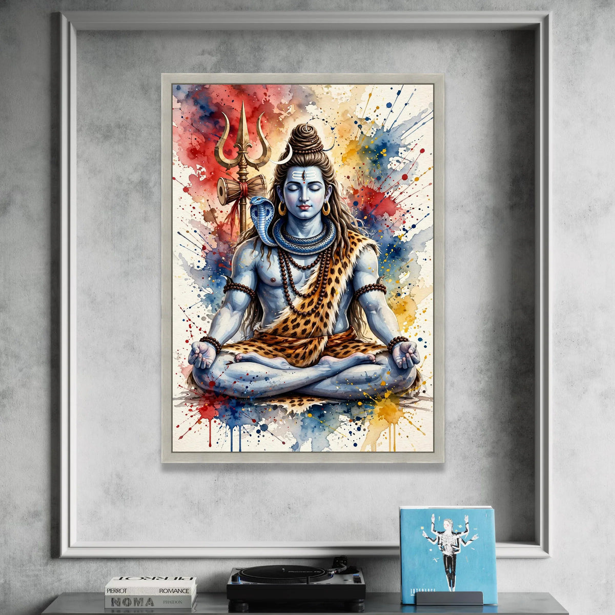 Meditative Shiva Canvas Art, Trident and Snake Spiritual Wall Decor, Indian Hindu God Painting, Colorful Abstract Canvas Print Art
