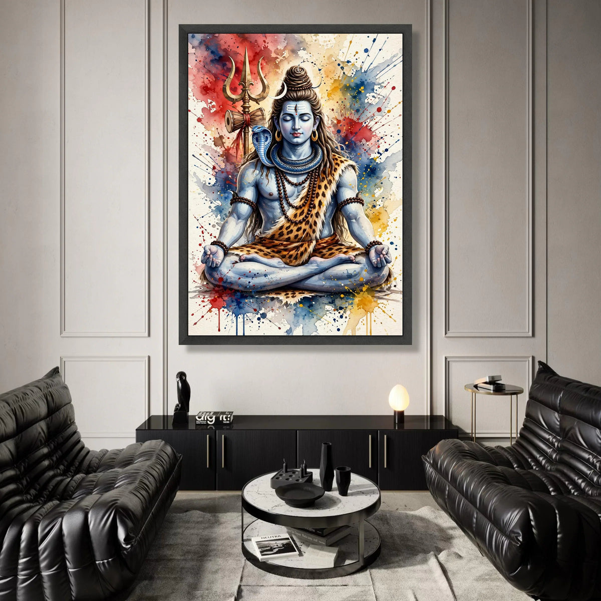 Meditative Shiva Canvas Art, Trident and Snake Spiritual Wall Decor, Indian Hindu God Painting, Colorful Abstract Canvas Print Art