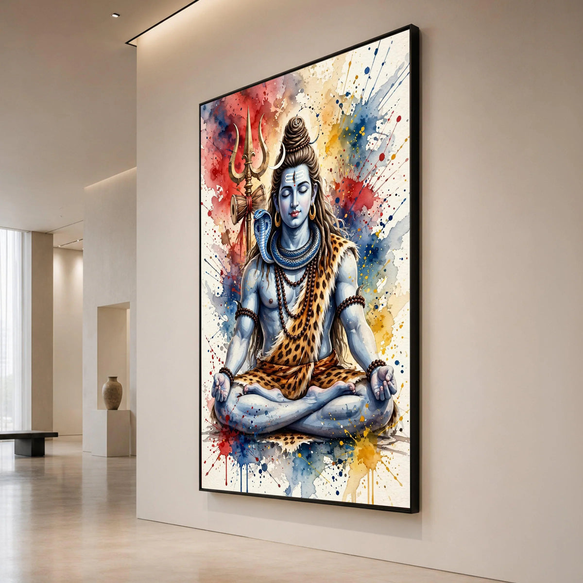 Meditative Shiva Canvas Art, Trident and Snake Spiritual Wall Decor, Indian Hindu God Painting, Colorful Abstract Canvas Print Art