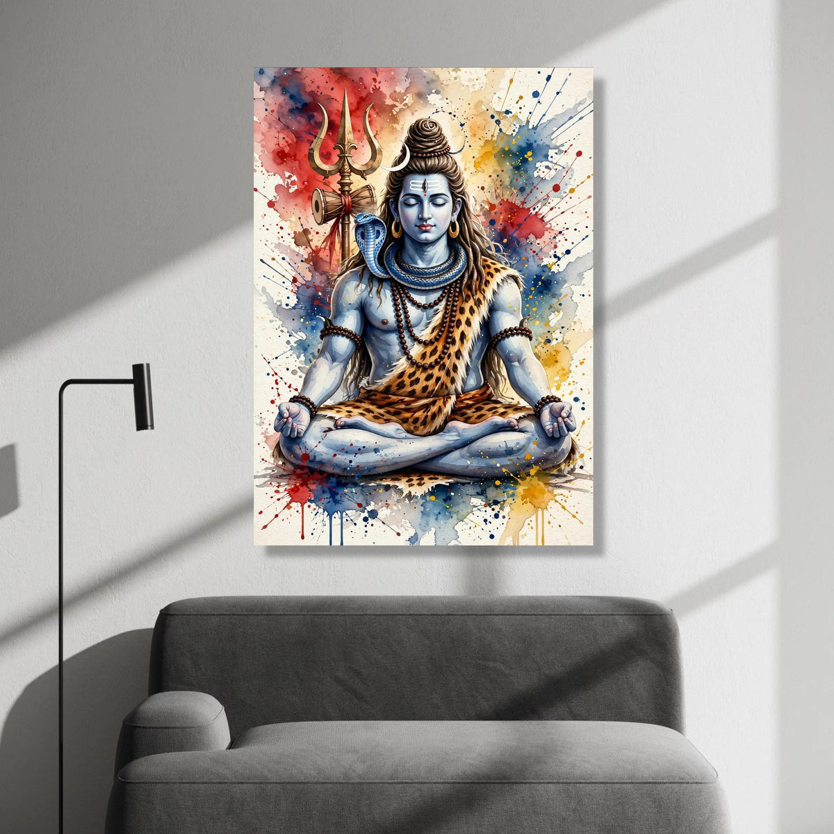 Meditative Shiva Canvas Art, Trident and Snake Spiritual Wall Decor, Indian Hindu God Painting, Colorful Abstract Canvas Print Art