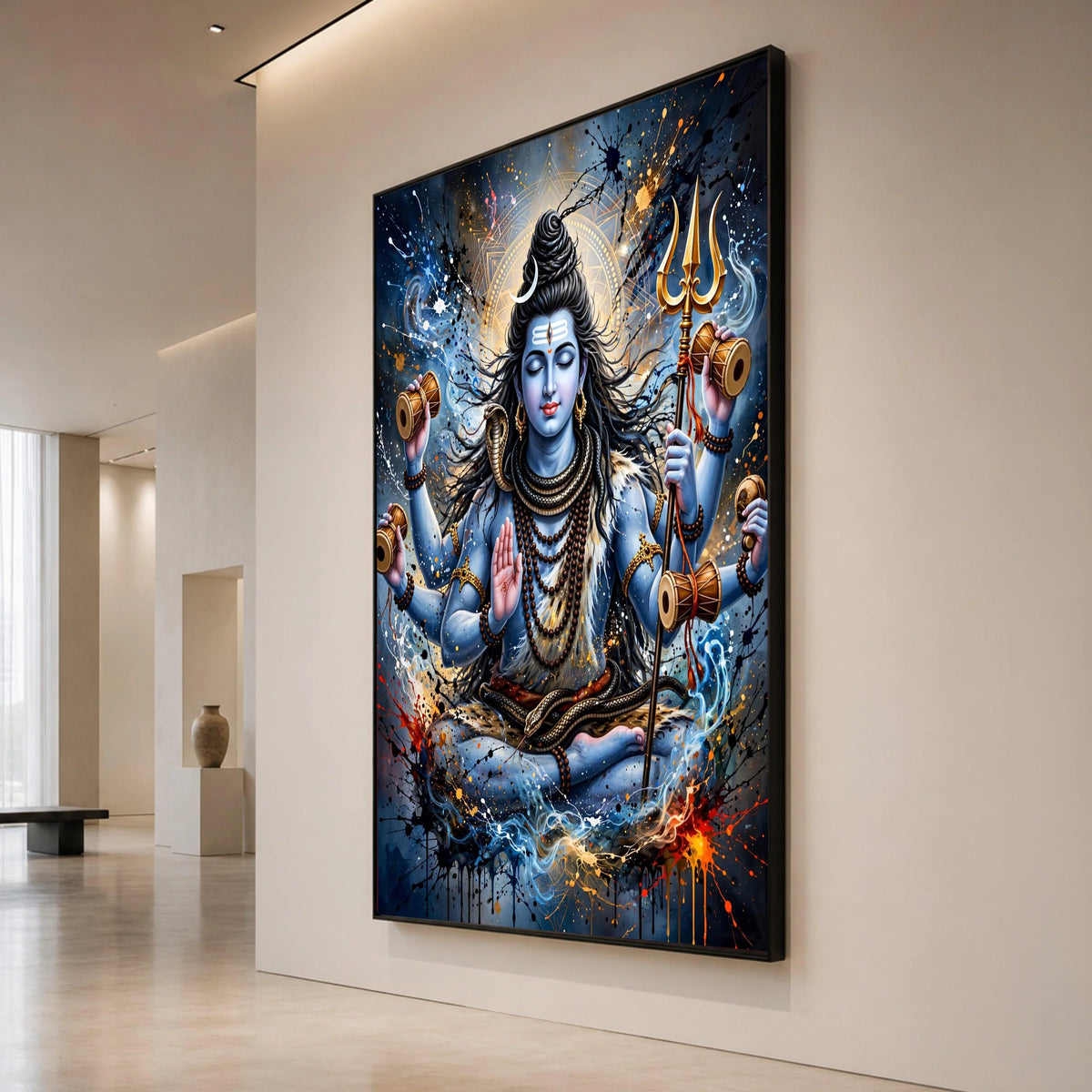Meditative Shiva Canvas Wall Art, Hindu God Blue Skin Painting, Spiritual Home Decor, Trident and Snake Illustration, Canvas Print Art