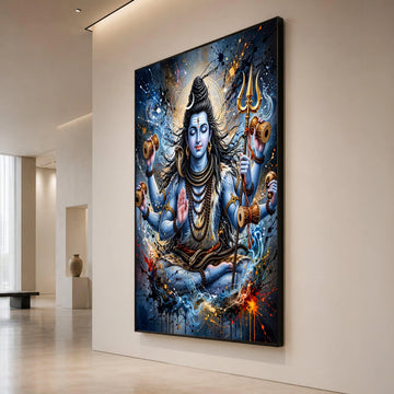 Meditative Shiva Canvas Wall Art, Hindu God Blue Skin Painting, Spiritual Home Decor, Trident and Snake Illustration, Canvas Print Art