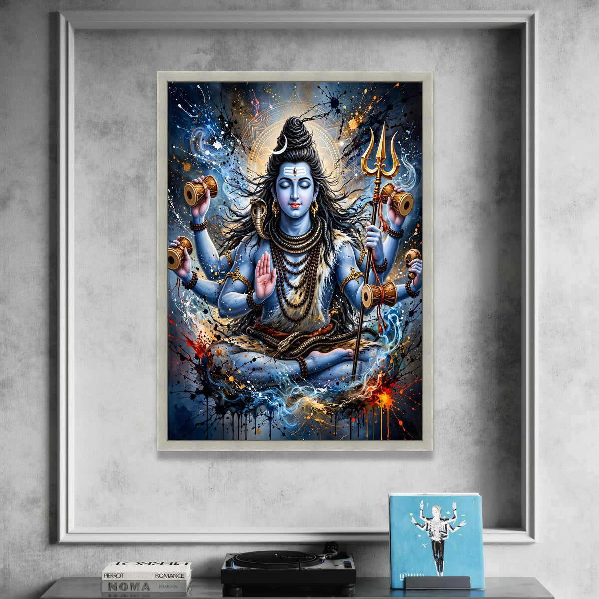 Meditative Shiva Canvas Wall Art, Hindu God Blue Skin Painting, Spiritual Home Decor, Trident and Snake Illustration, Canvas Print Art