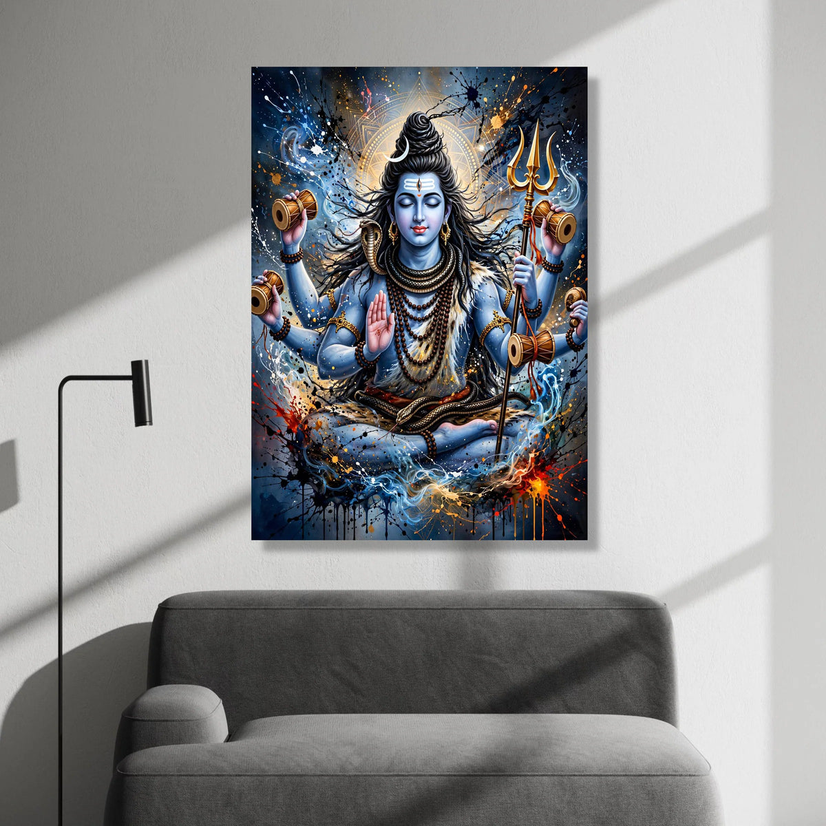 Meditative Shiva Canvas Wall Art, Hindu God Blue Skin Painting, Spiritual Home Decor, Trident and Snake Illustration, Canvas Print Art