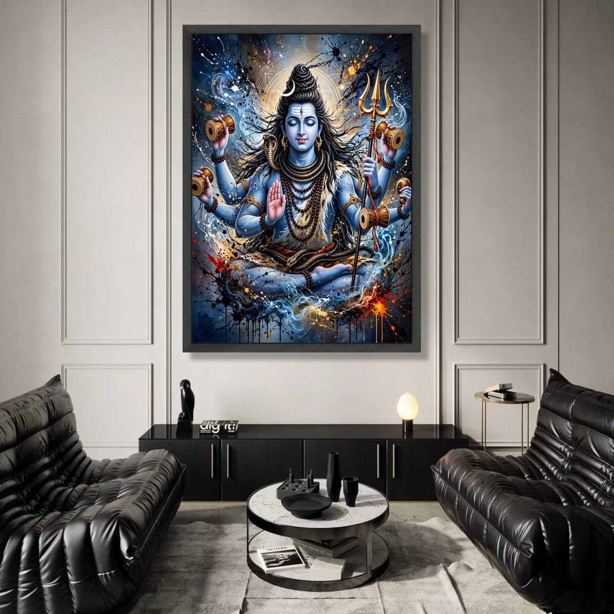 Meditative Shiva Canvas Wall Art, Hindu God Blue Skin Painting, Spiritual Home Decor, Trident and Snake Illustration, Canvas Print Art