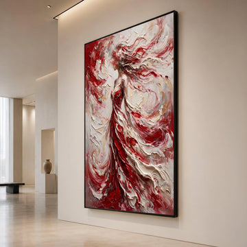Abstract Woman Red Dress Canvas, Flowing Hair Art, Elegant Female Figure Wall Art, Modern Canvas Home Decor, Ready to Hang Canvas Print Art