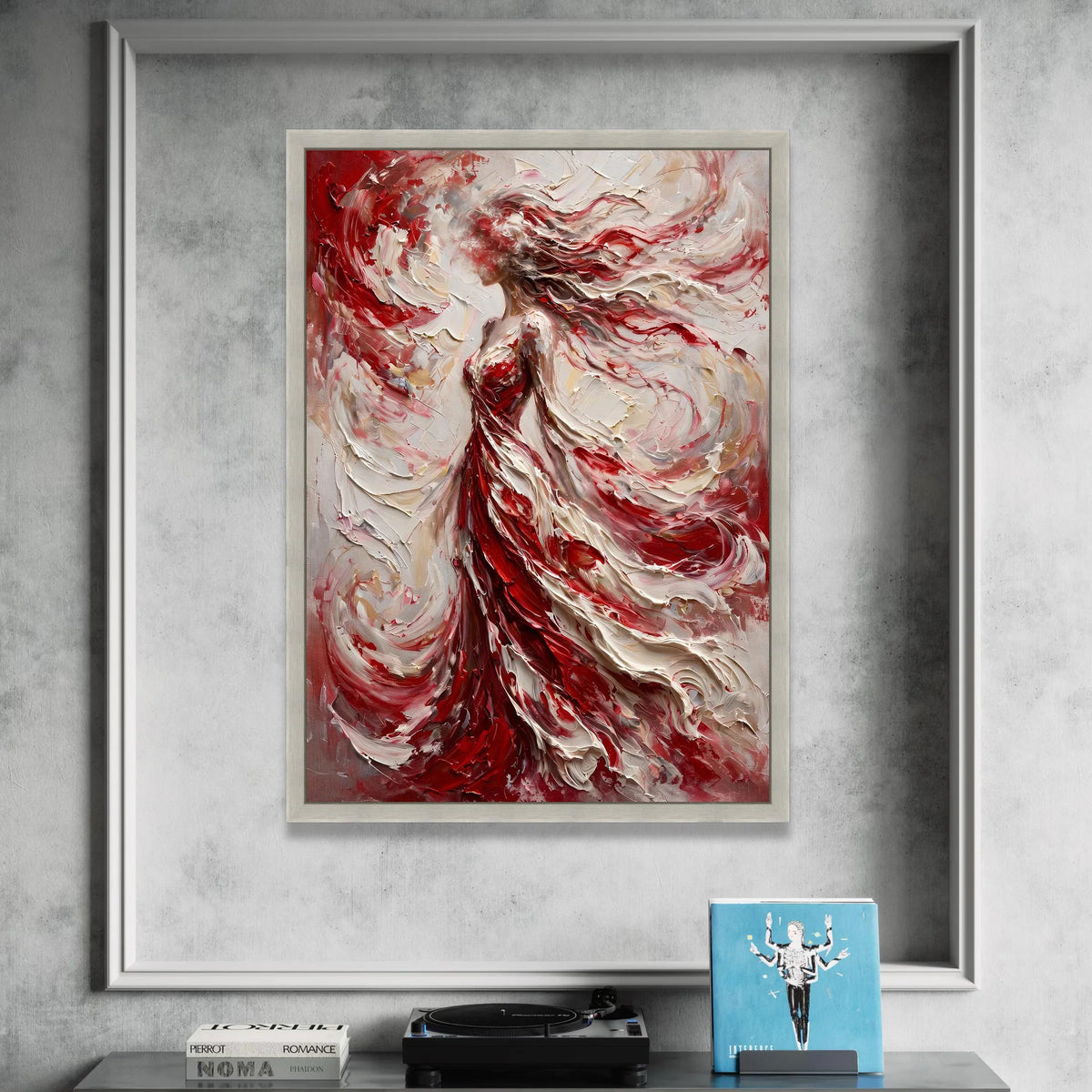 Abstract Woman Red Dress Canvas, Flowing Hair Art, Elegant Female Figure Wall Art, Modern Canvas Home Decor, Ready to Hang Canvas Print Art