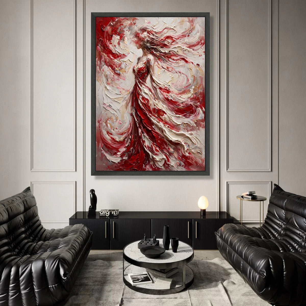 Abstract Woman Red Dress Canvas, Flowing Hair Art, Elegant Female Figure Wall Art, Modern Canvas Home Decor, Ready to Hang Canvas Print Art