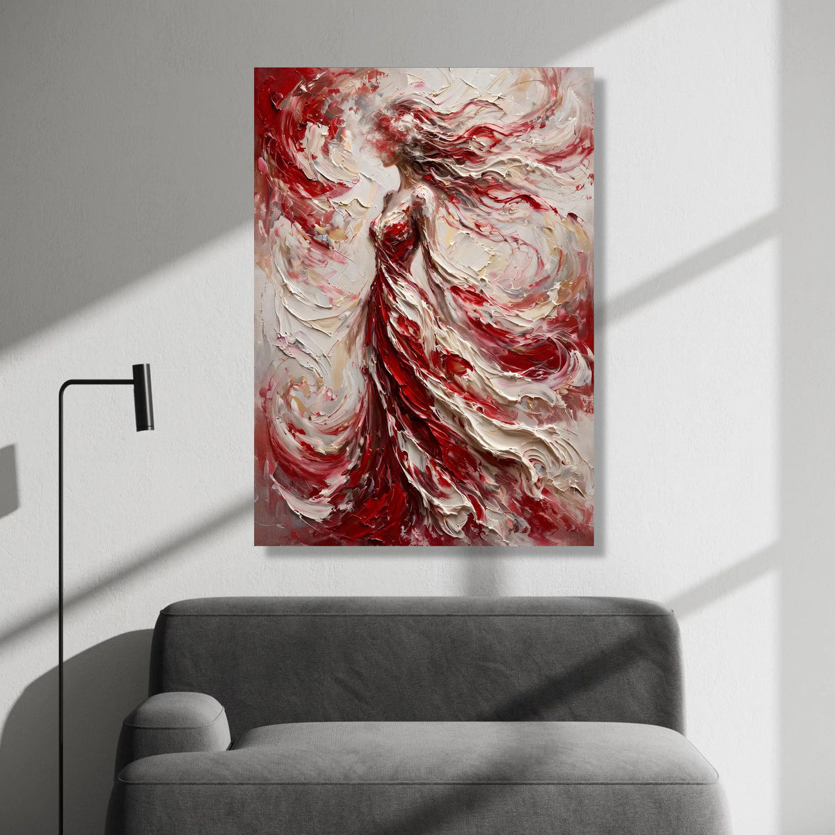 Abstract Woman Red Dress Canvas, Flowing Hair Art, Elegant Female Figure Wall Art, Modern Canvas Home Decor, Ready to Hang Canvas Print Art