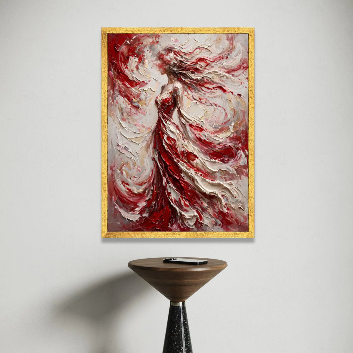 Abstract Woman Red Dress Canvas, Flowing Hair Art, Elegant Female Figure Wall Art, Modern Canvas Home Decor, Ready to Hang Canvas Print Art