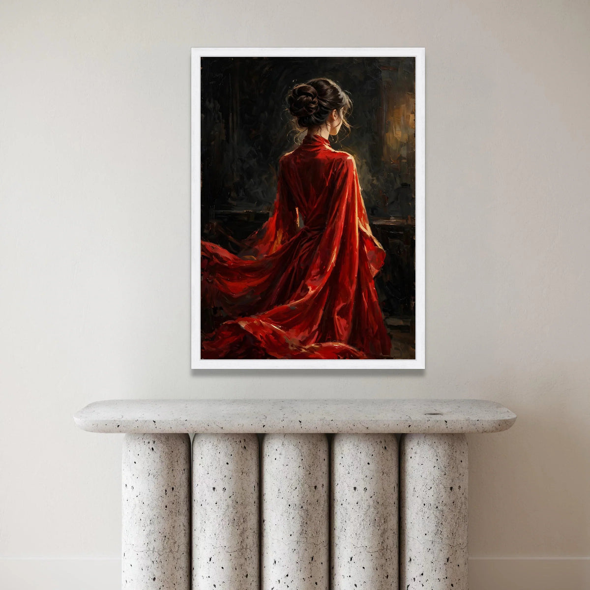 Elegant Woman Flowing Red Dress Canvas, Romantic Portrait Wall Art, Classic Female Figure Painting, Modern Decorative Canvas Print Art