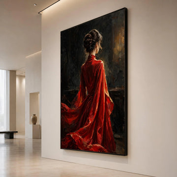 Elegant Woman Flowing Red Dress Canvas, Romantic Portrait Wall Art, Classic Female Figure Painting, Modern Decorative Canvas Print Art