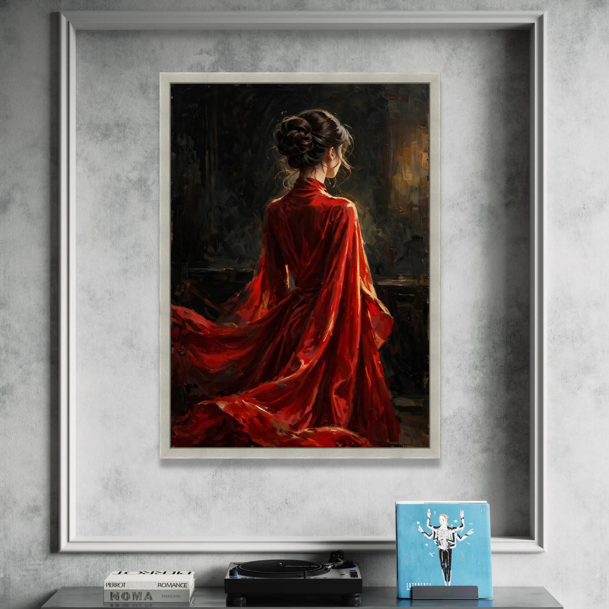 Elegant Woman Flowing Red Dress Canvas, Romantic Portrait Wall Art, Classic Female Figure Painting, Modern Decorative Canvas Print Art