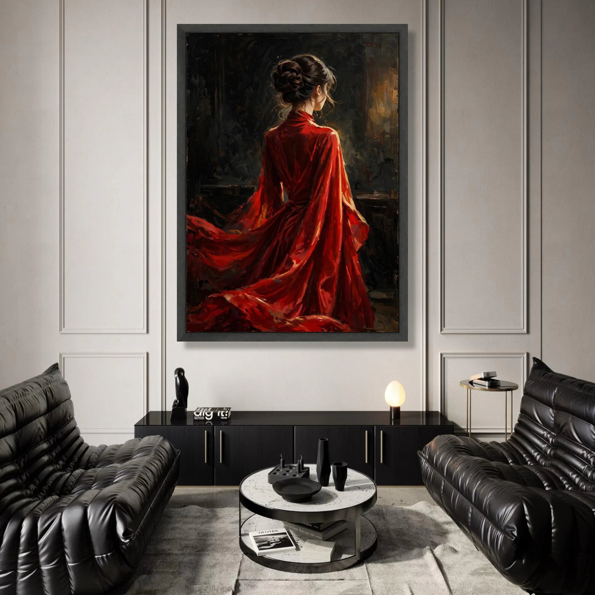 Elegant Woman Flowing Red Dress Canvas, Romantic Portrait Wall Art, Classic Female Figure Painting, Modern Decorative Canvas Print Art