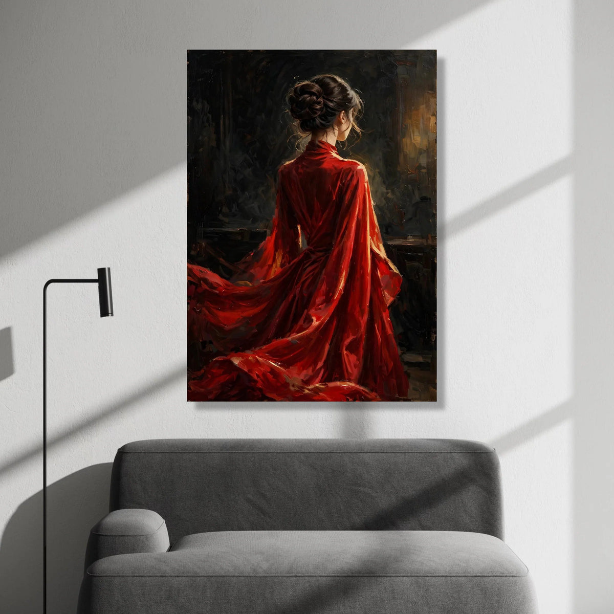 Elegant Woman Flowing Red Dress Canvas, Romantic Portrait Wall Art, Classic Female Figure Painting, Modern Decorative Canvas Print Art