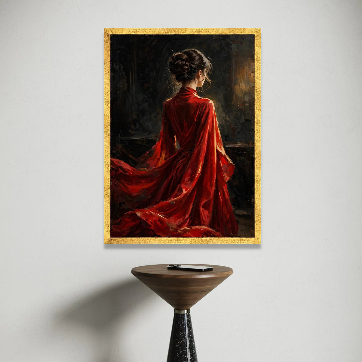 Elegant Woman Flowing Red Dress Canvas, Romantic Portrait Wall Art, Classic Female Figure Painting, Modern Decorative Canvas Print Art