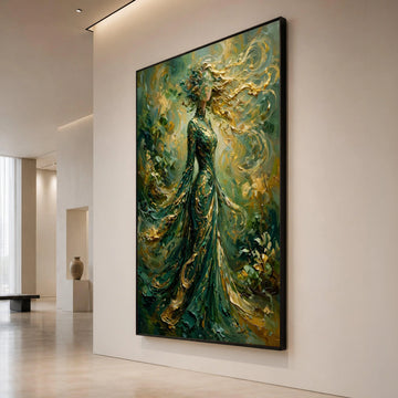 Enchanted Lady Flowing Green Dress, Abstract Woman Canvas, Gold Swirls Wall Art, Ethereal Female Figure Painting, Canvas Print Art