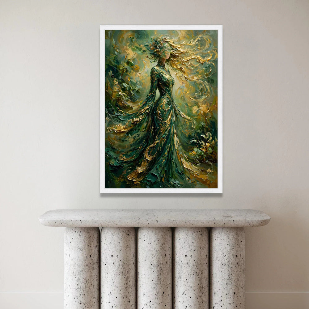 Enchanted Lady Flowing Green Dress, Abstract Woman Canvas, Gold Swirls Wall Art, Ethereal Female Figure Painting, Canvas Print Art