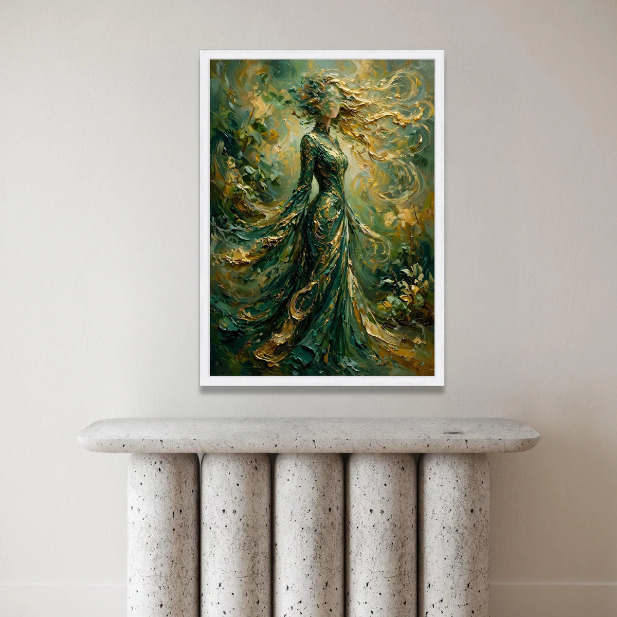Enchanted Lady Flowing Green Dress, Abstract Woman Canvas, Gold Swirls Wall Art, Ethereal Female Figure Painting, Canvas Print Art