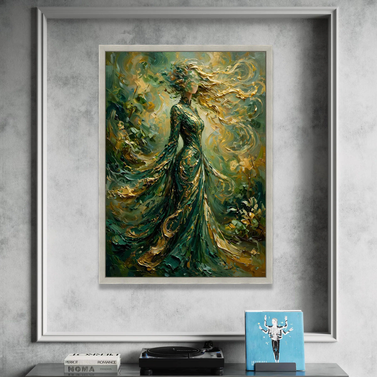 Enchanted Lady Flowing Green Dress, Abstract Woman Canvas, Gold Swirls Wall Art, Ethereal Female Figure Painting, Canvas Print Art