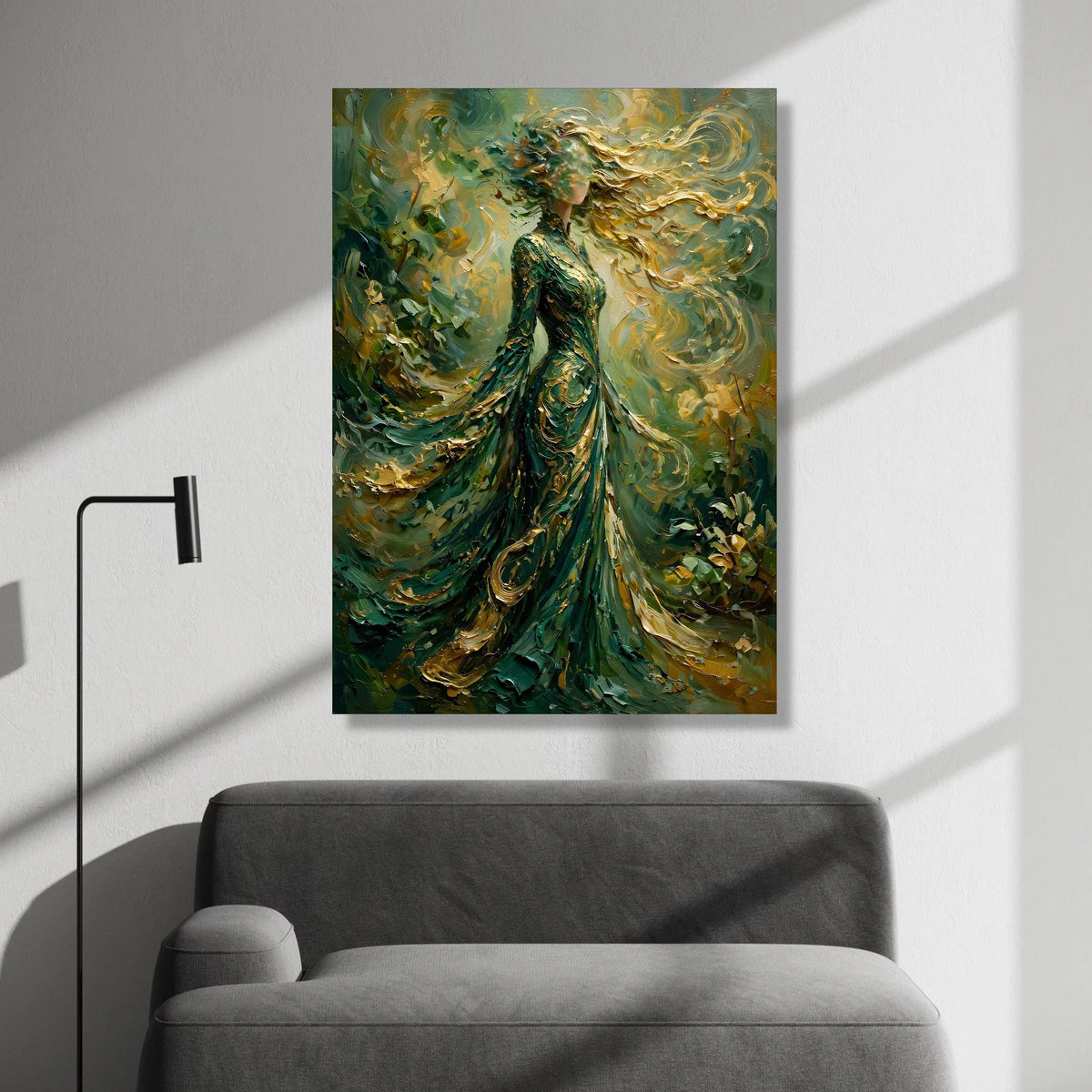 Enchanted Lady Flowing Green Dress, Abstract Woman Canvas, Gold Swirls Wall Art, Ethereal Female Figure Painting, Canvas Print Art
