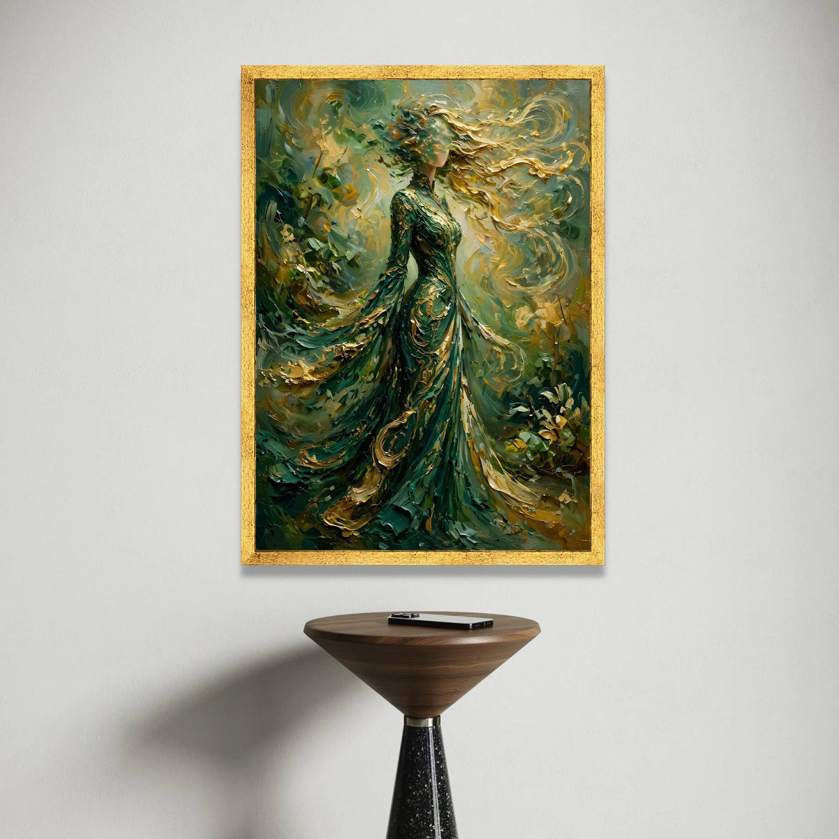 Enchanted Lady Flowing Green Dress, Abstract Woman Canvas, Gold Swirls Wall Art, Ethereal Female Figure Painting, Canvas Print Art