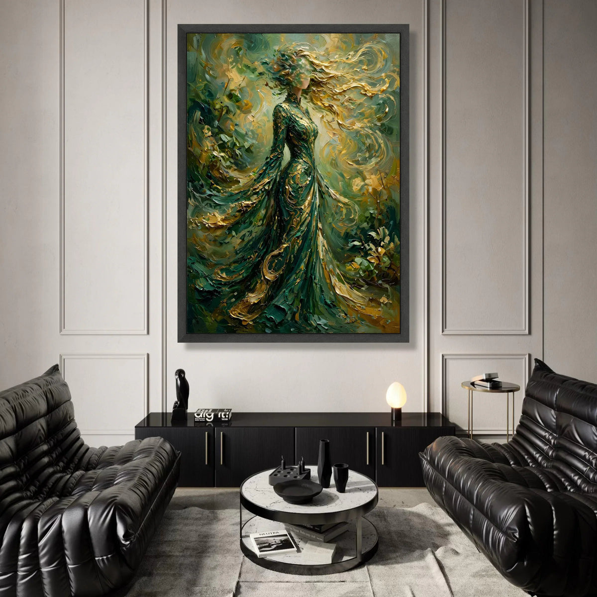 Enchanted Lady Flowing Green Dress, Abstract Woman Canvas, Gold Swirls Wall Art, Ethereal Female Figure Painting, Canvas Print Art