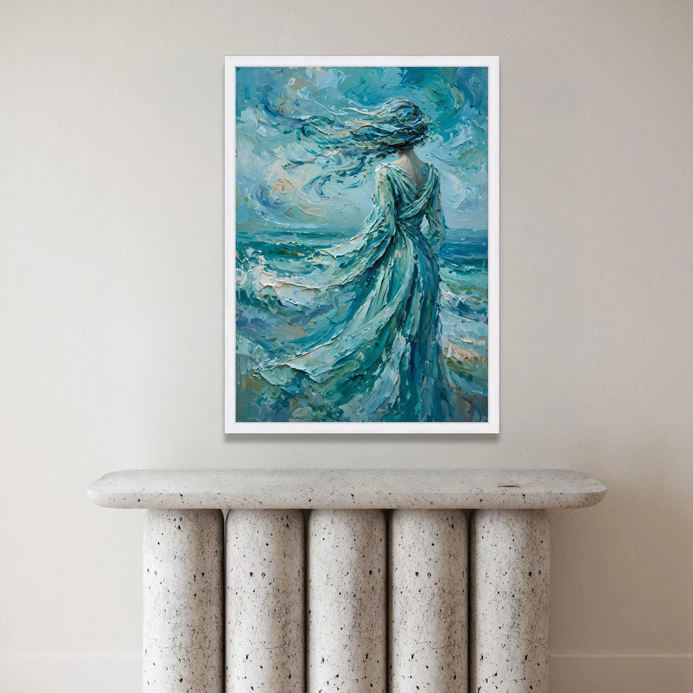 Woman Facing Ocean Breeze Canvas Wall Art, Flowing Dress Seascape Painting, Blue Abstract Wall Decoration, Coastal Home Canvas Print Art