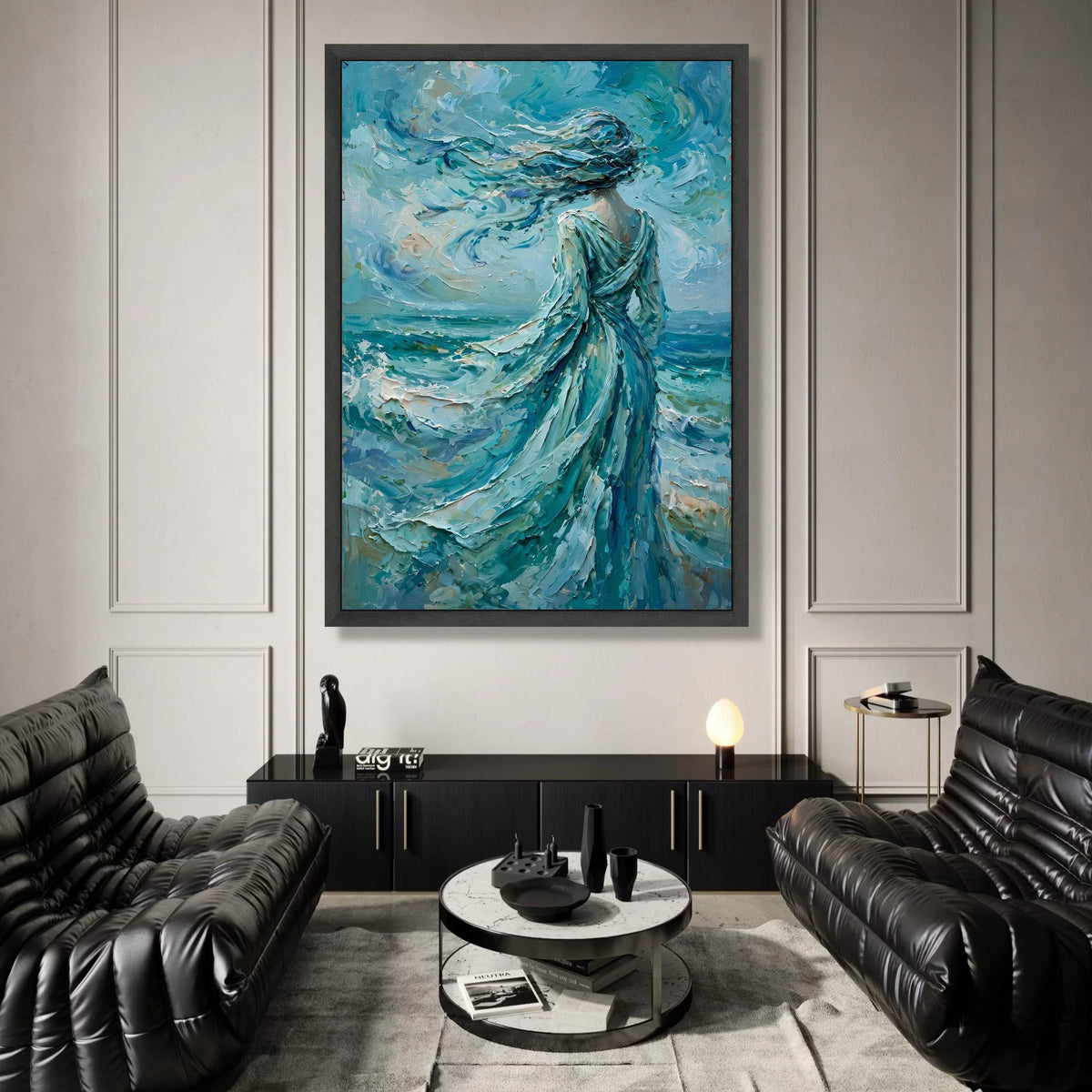 Woman Facing Ocean Breeze Canvas Wall Art, Flowing Dress Seascape Painting, Blue Abstract Wall Decoration, Coastal Home Canvas Print Art