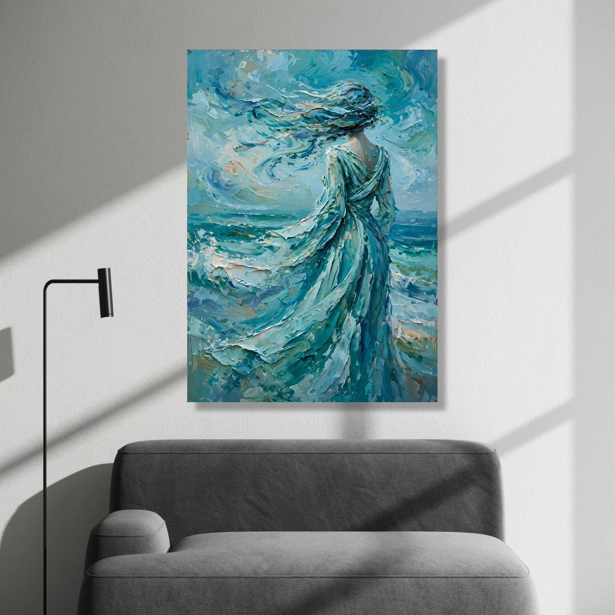 Woman Facing Ocean Breeze Canvas Wall Art, Flowing Dress Seascape Painting, Blue Abstract Wall Decoration, Coastal Home Canvas Print Art
