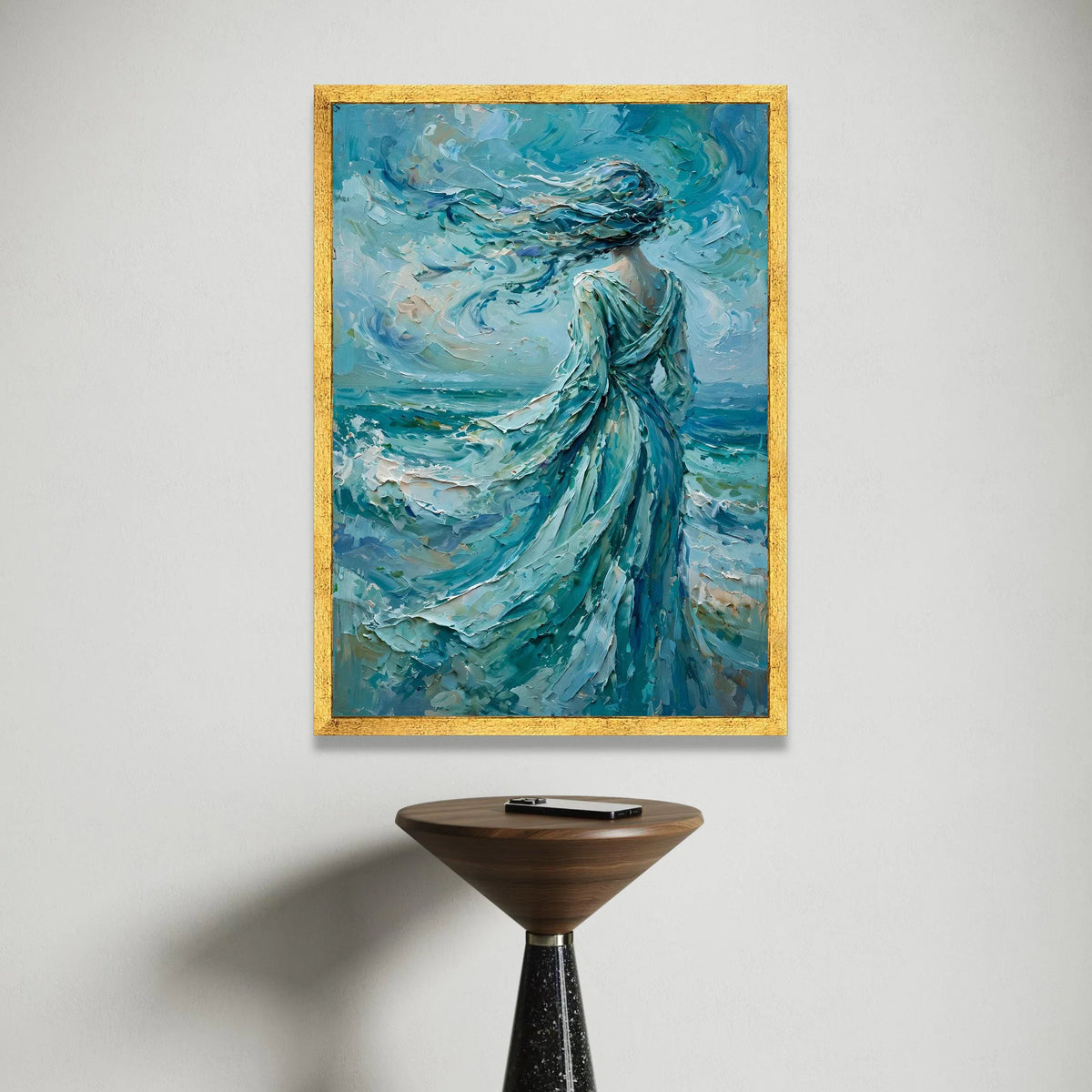 Woman Facing Ocean Breeze Canvas Wall Art, Flowing Dress Seascape Painting, Blue Abstract Wall Decoration, Coastal Home Canvas Print Art