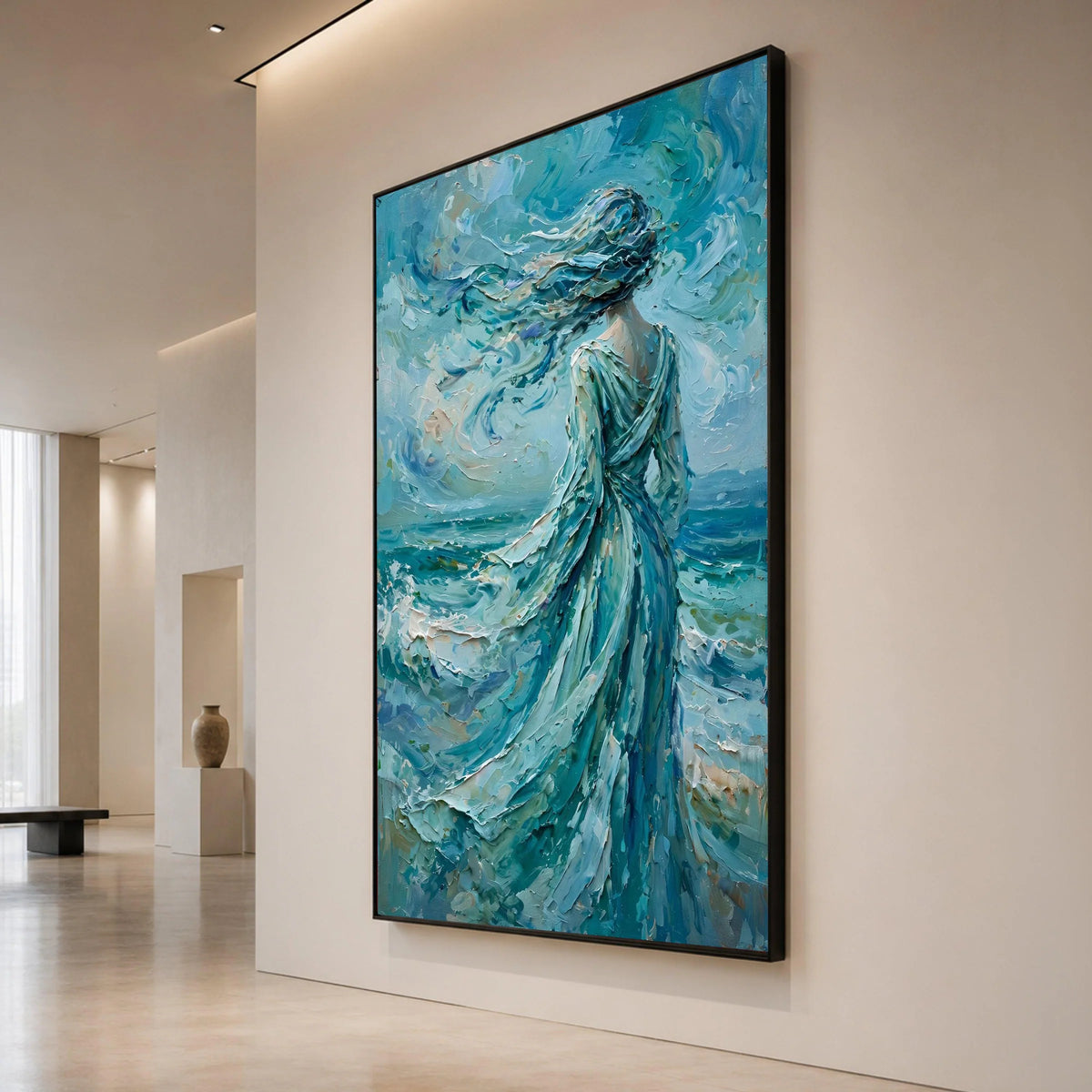 Woman Facing Ocean Breeze Canvas Wall Art, Flowing Dress Seascape Painting, Blue Abstract Wall Decoration, Coastal Home Canvas Print Art