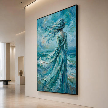 Woman Facing Ocean Breeze Canvas Wall Art, Flowing Dress Seascape Painting, Blue Abstract Wall Decoration, Coastal Home Canvas Print Art