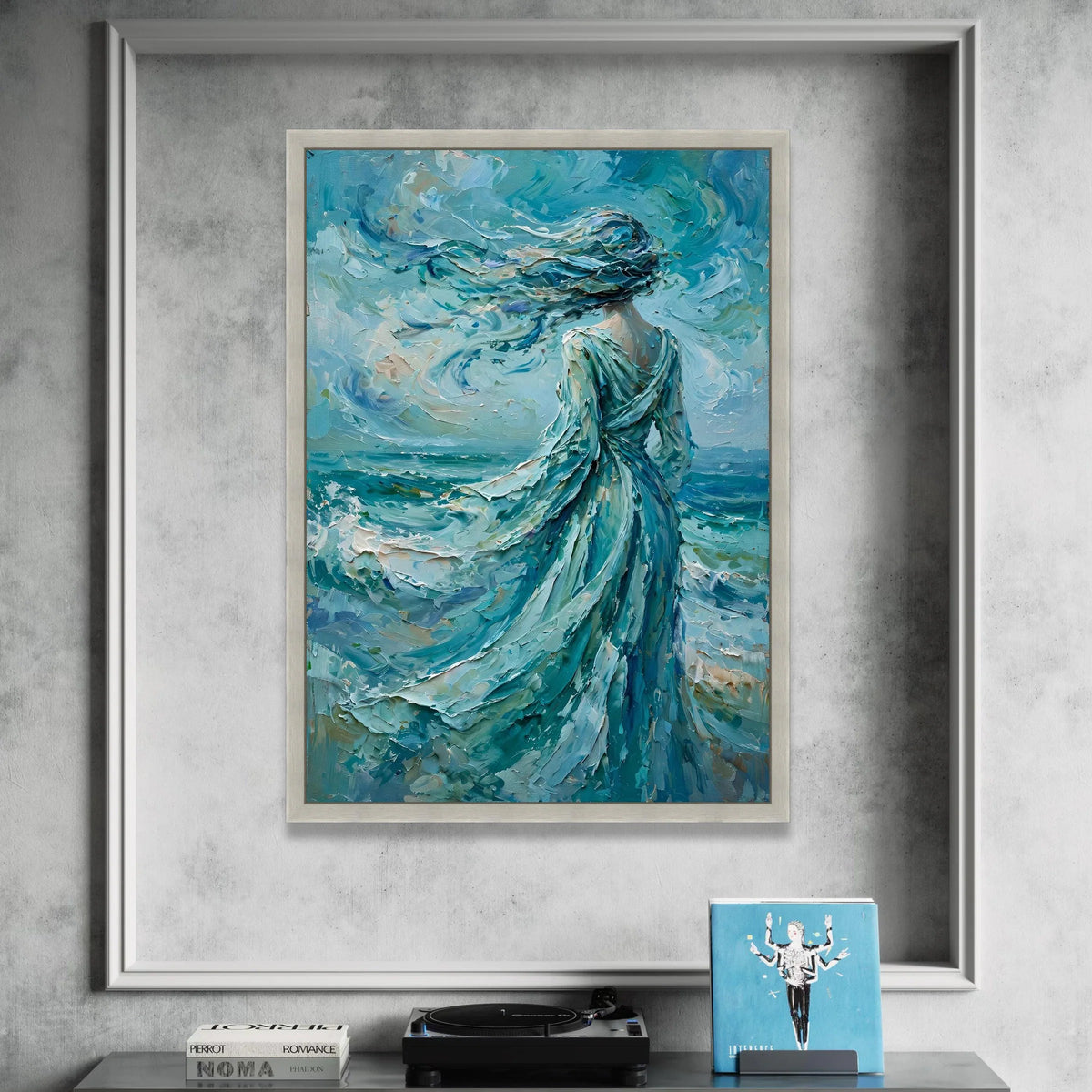Woman Facing Ocean Breeze Canvas Wall Art, Flowing Dress Seascape Painting, Blue Abstract Wall Decoration, Coastal Home Canvas Print Art