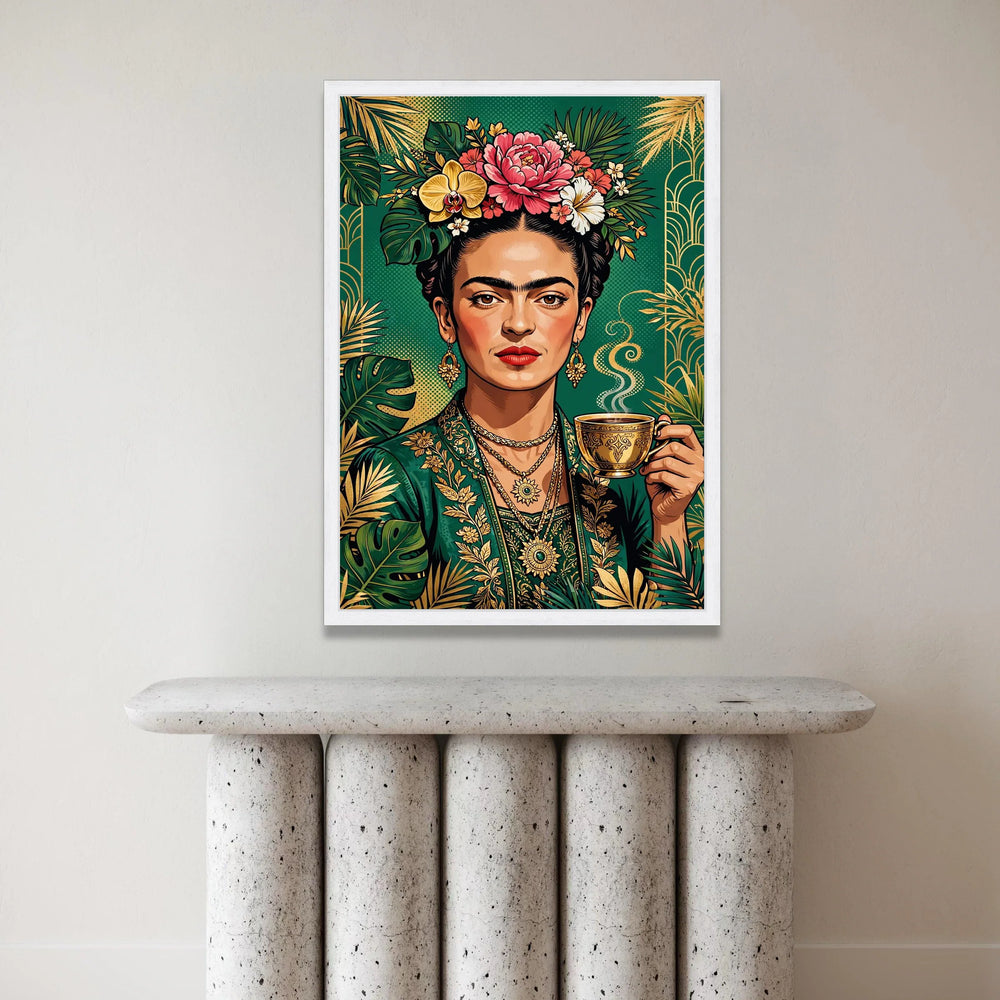 Vibrant Floral Portrait Canvas, Woman with Flowers and Tea Cup, Botanical Green and Gold Wall Art, Decorative Portrait Canvas Print Art