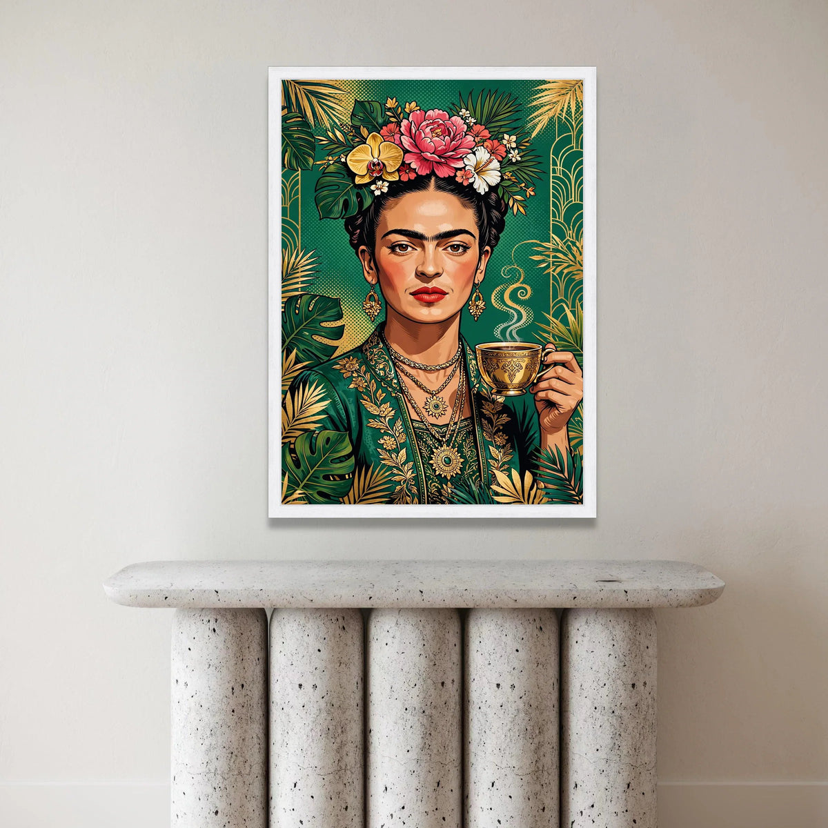 Vibrant Floral Portrait Canvas, Woman with Flowers and Tea Cup, Botanical Green and Gold Wall Art, Decorative Portrait Canvas Print Art