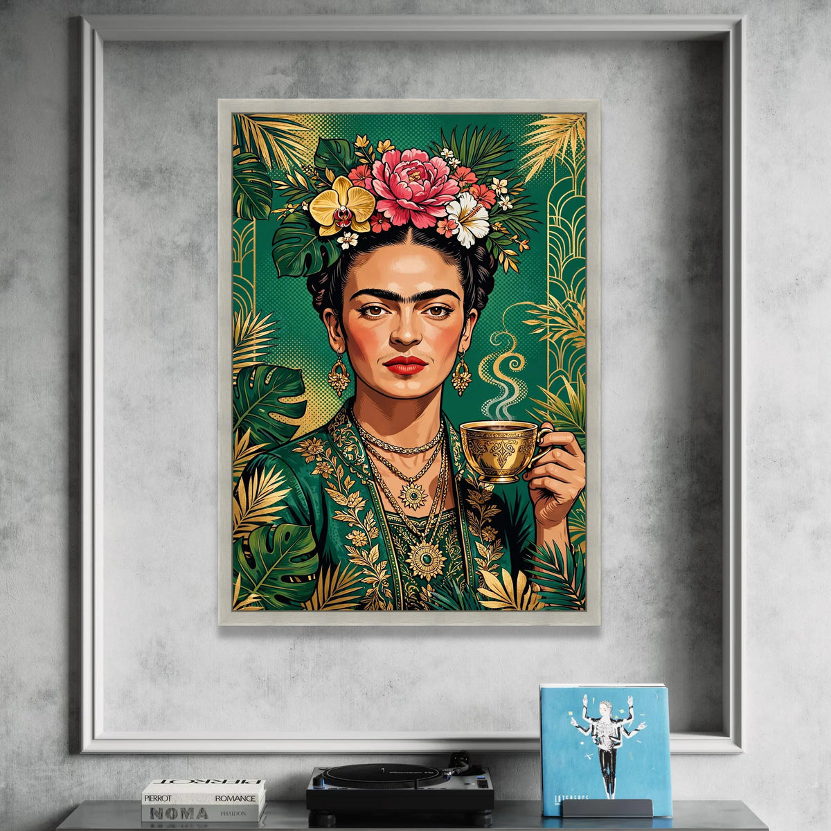 Vibrant Floral Portrait Canvas, Woman with Flowers and Tea Cup, Botanical Green and Gold Wall Art, Decorative Portrait Canvas Print Art