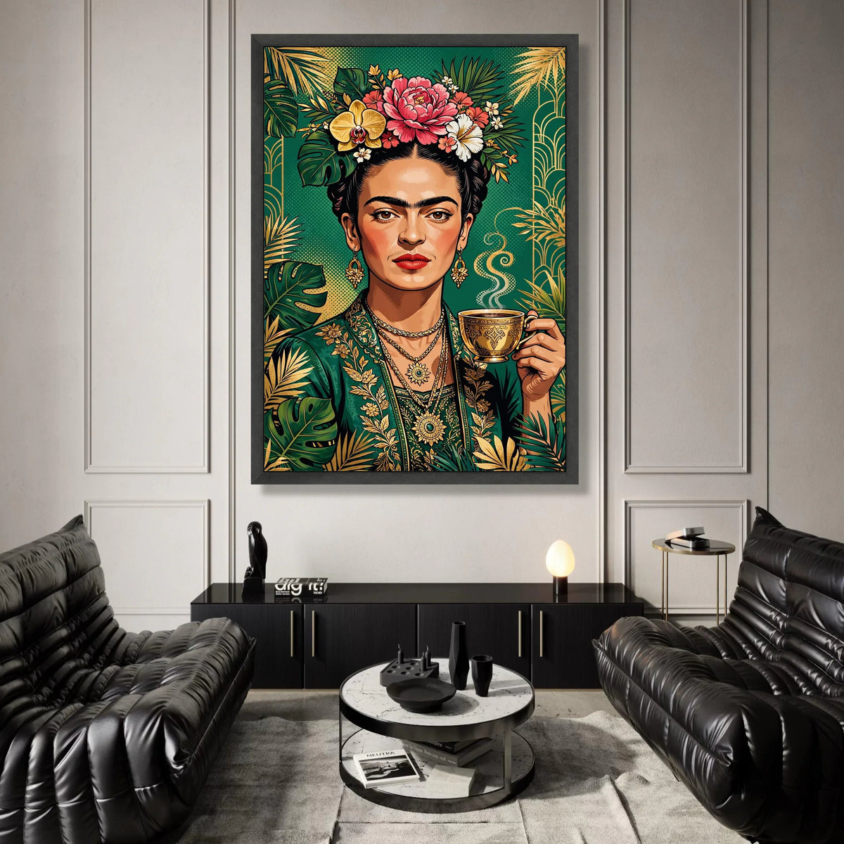 Vibrant Floral Portrait Canvas, Woman with Flowers and Tea Cup, Botanical Green and Gold Wall Art, Decorative Portrait Canvas Print Art