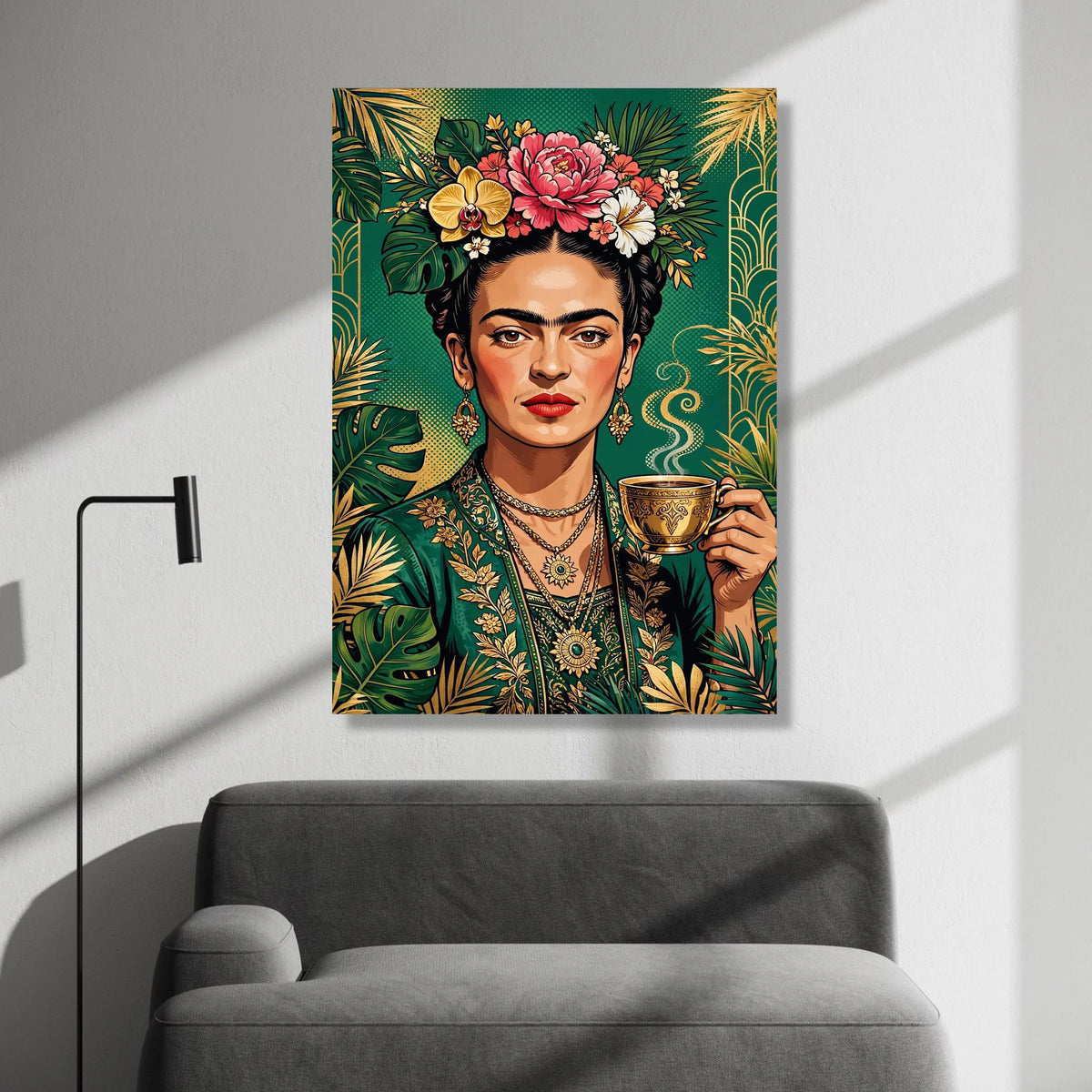 Vibrant Floral Portrait Canvas, Woman with Flowers and Tea Cup, Botanical Green and Gold Wall Art, Decorative Portrait Canvas Print Art